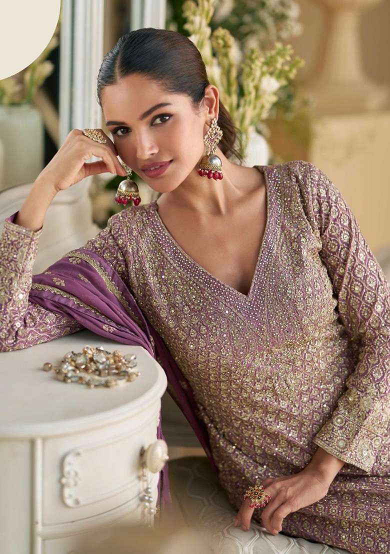 Lavender Embroidered Georgette Sharara Set - Indya