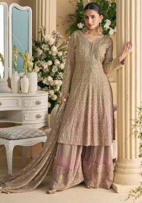Beige Embroidered Georgette Kurta Set