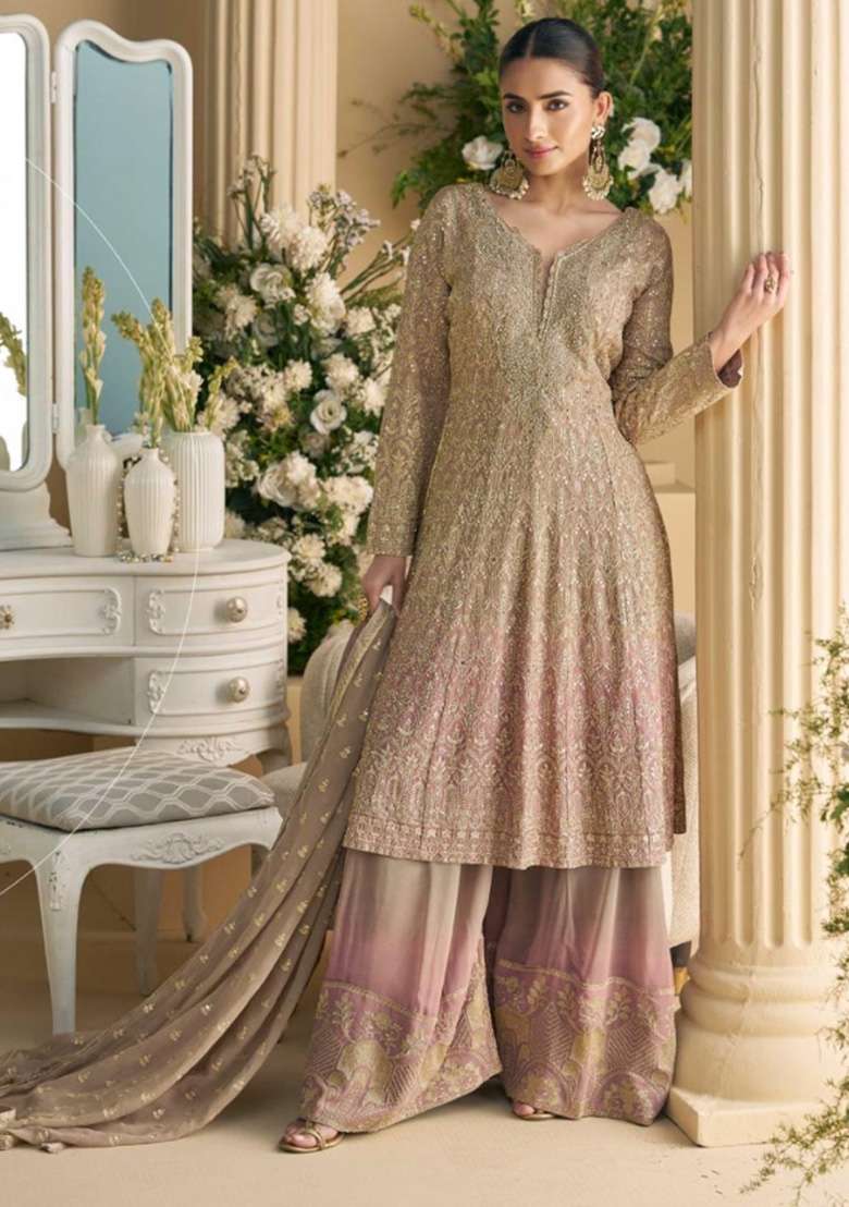 Beige Embroidered Georgette Sharara Set - Indya