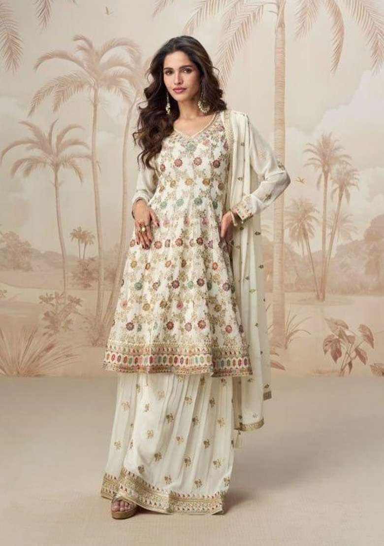 White Embroidered Georgette Sharara Set - Indya