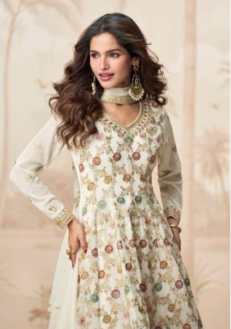 White Embroidered Georgette Sharara Set - Indya