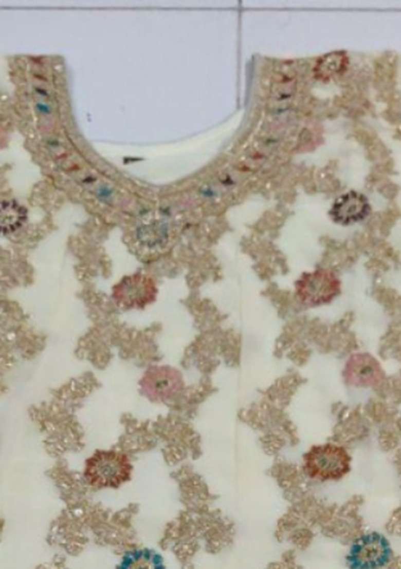 White Embroidered Georgette Sharara Set - Indya