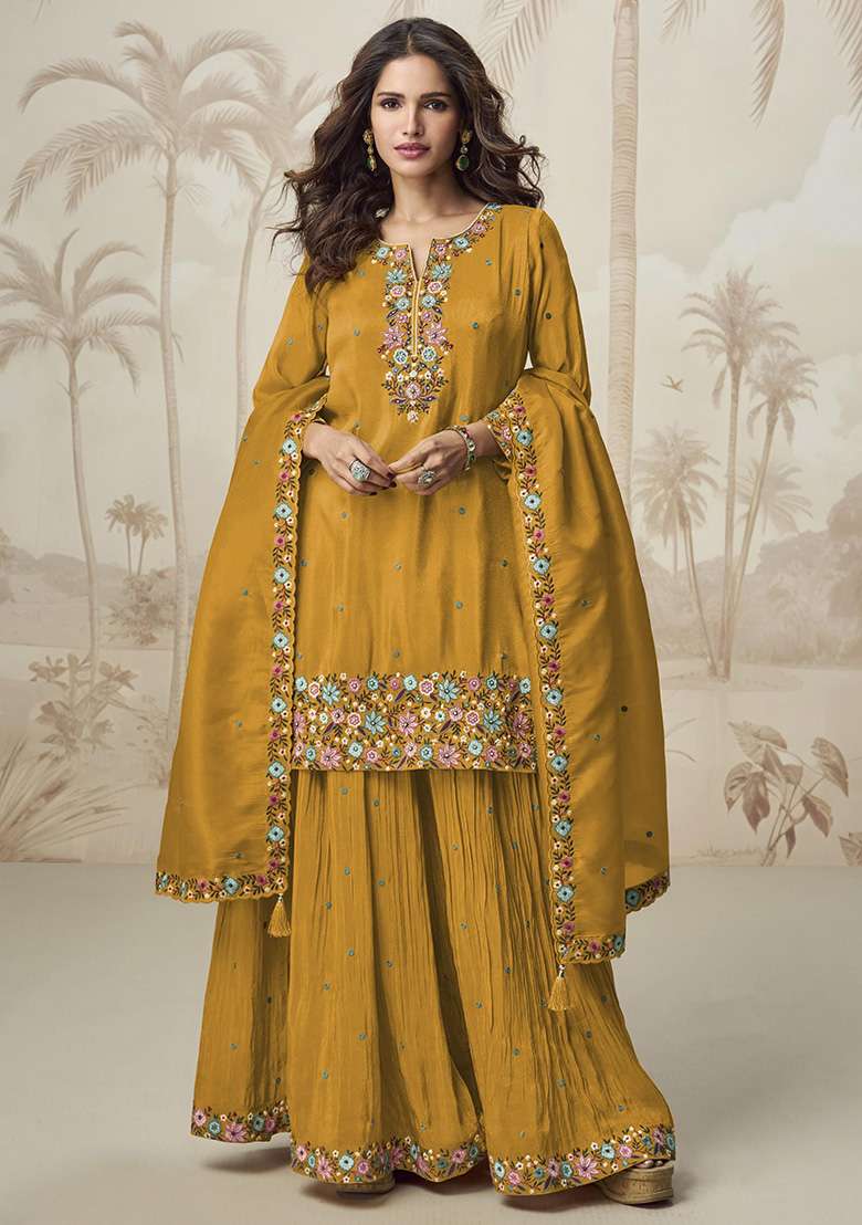 Mustard Embroidered Shimmer Sharara Set - Indya
