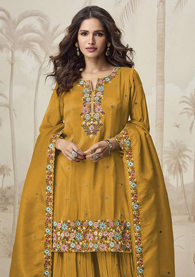 Mustard Embroidered Shimmer Sharara Set - Indya