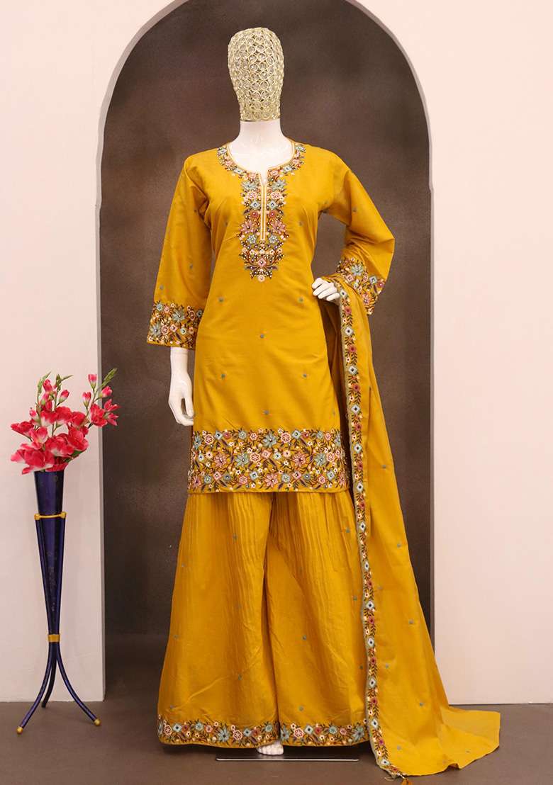 Mustard Embroidered Shimmer Sharara Set - Indya