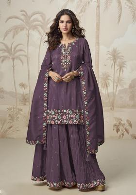Wine Embroidered Shimmer Kurta Set
