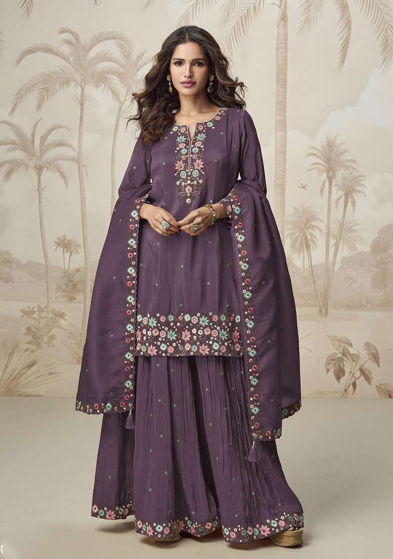Wine Embroidered Shimmer Sharara Set - Indya