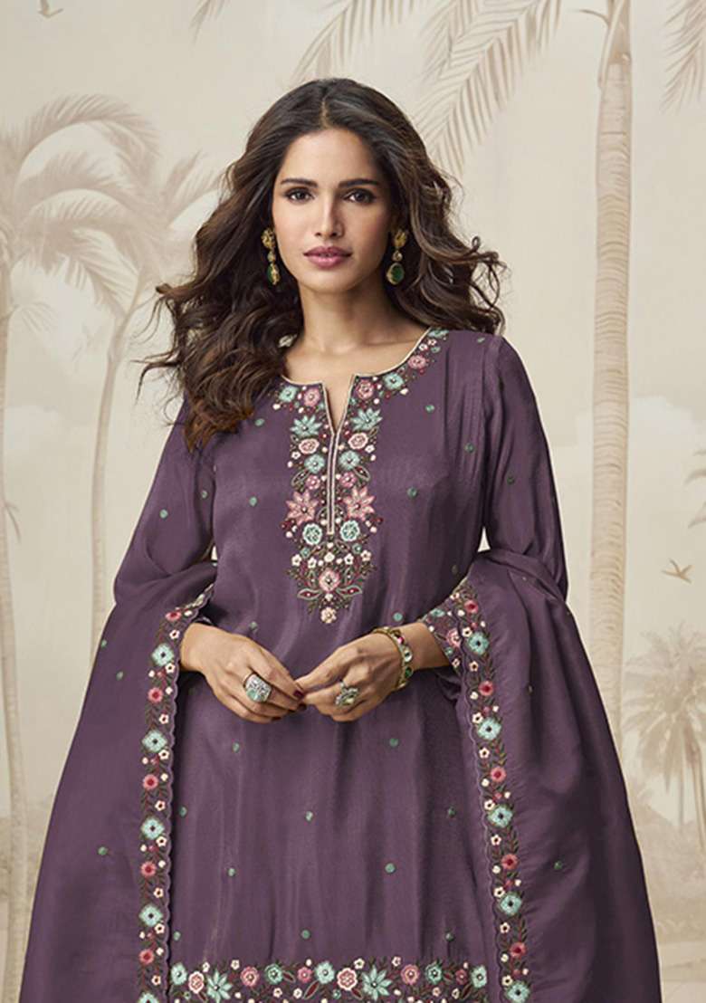 Wine Embroidered Shimmer Sharara Set - Indya