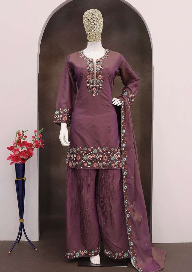 Wine Embroidered Shimmer Sharara Set - Indya