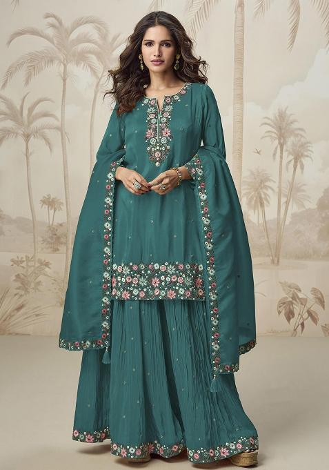 Turquoise Embroidered Shimmer Kurta Set