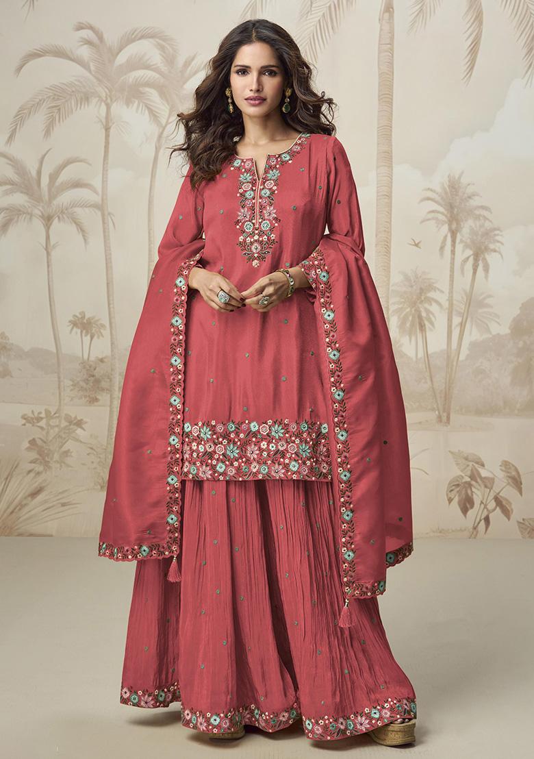 Peach Embroidered Shimmer Kurta Set - Indya