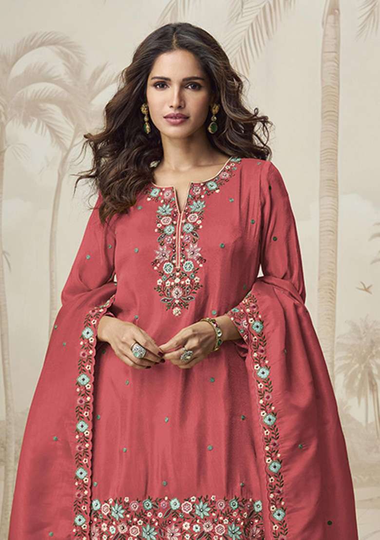 Peach Embroidered Shimmer Sharara Set - Indya