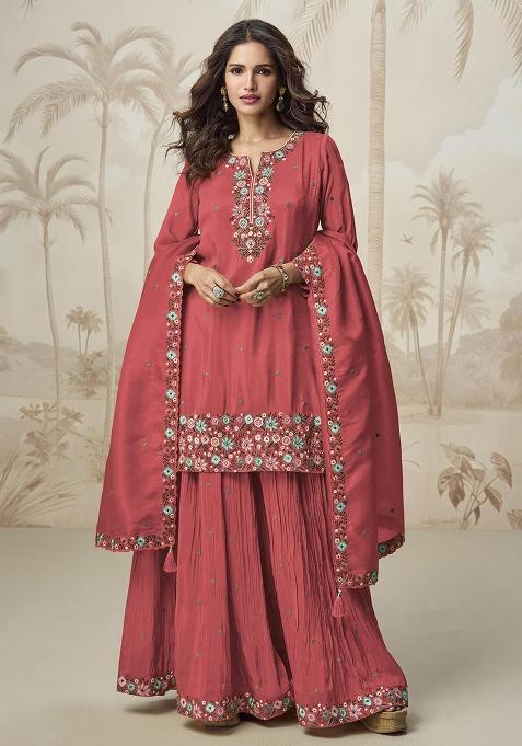 Peach Embroidered Shimmer Kurta Set