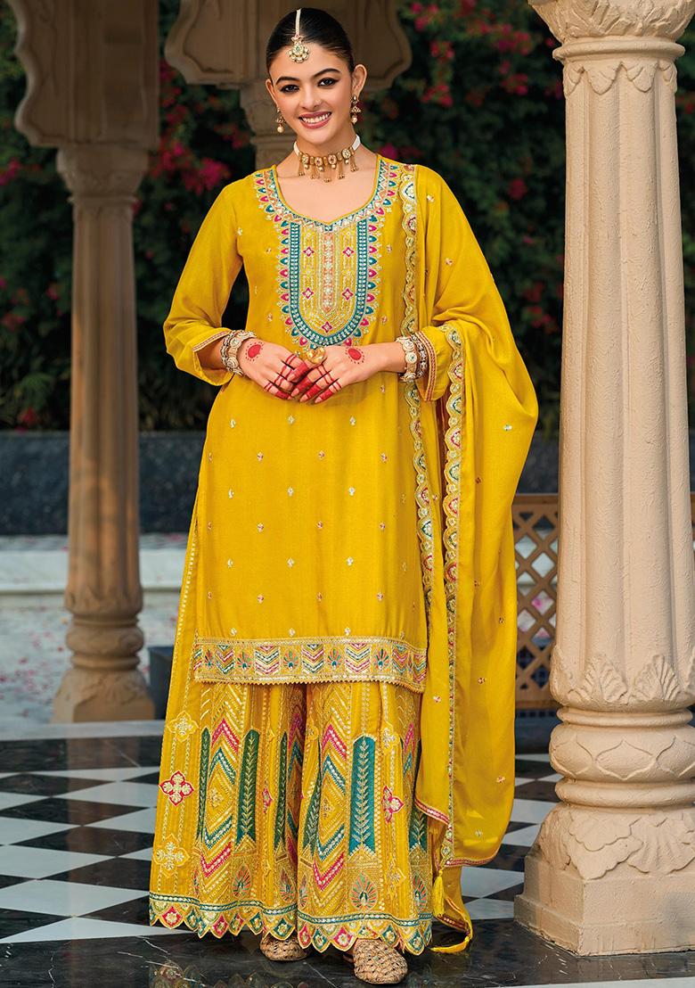 Yellow Embroidered Silk Kurta Set