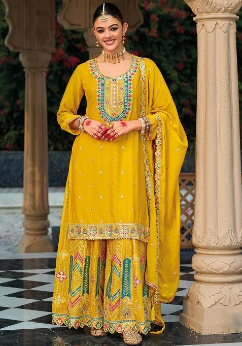 Yellow Embroidered Silk Kurta Set