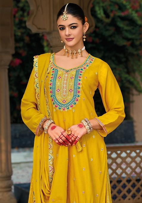 Yellow Embroidered Silk Kurta Set