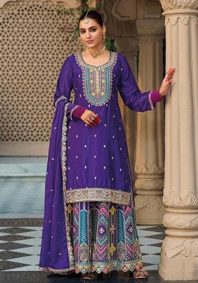 Purple Embroidered Silk Kurta Set