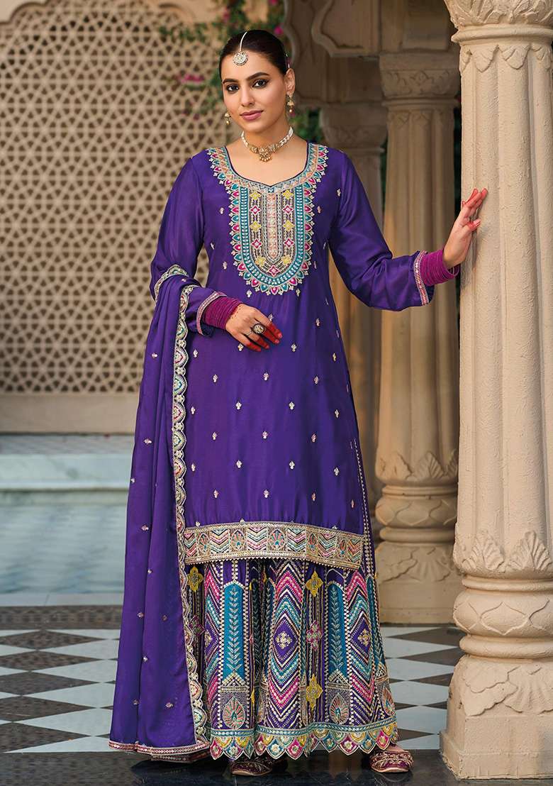 Purple Embroidered Silk Blend Sharara Set - Indya