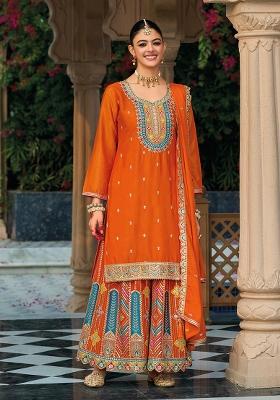 Orange Embroidered Silk Kurta Set