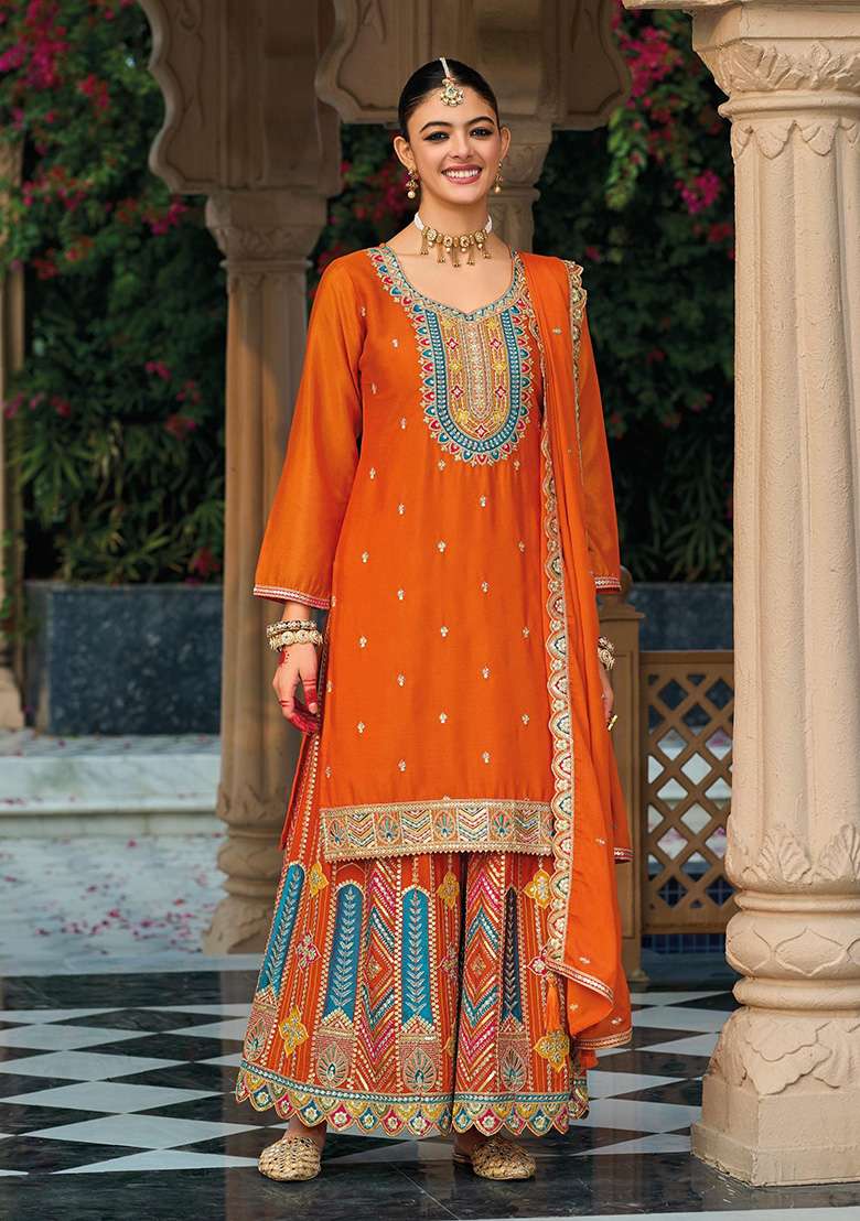 Orange Embroidered Silk Blend Sharara Set - Indya