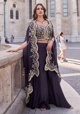 Purple Embroidered Silk Kurta Set With Shrug