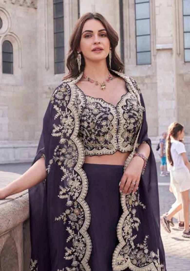 Purple Embroidered Silk Kurta Set With Shrug - Indya