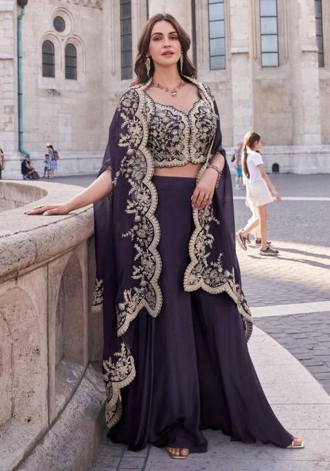 Purple Embroidered Silk Kurta Set With Shrug