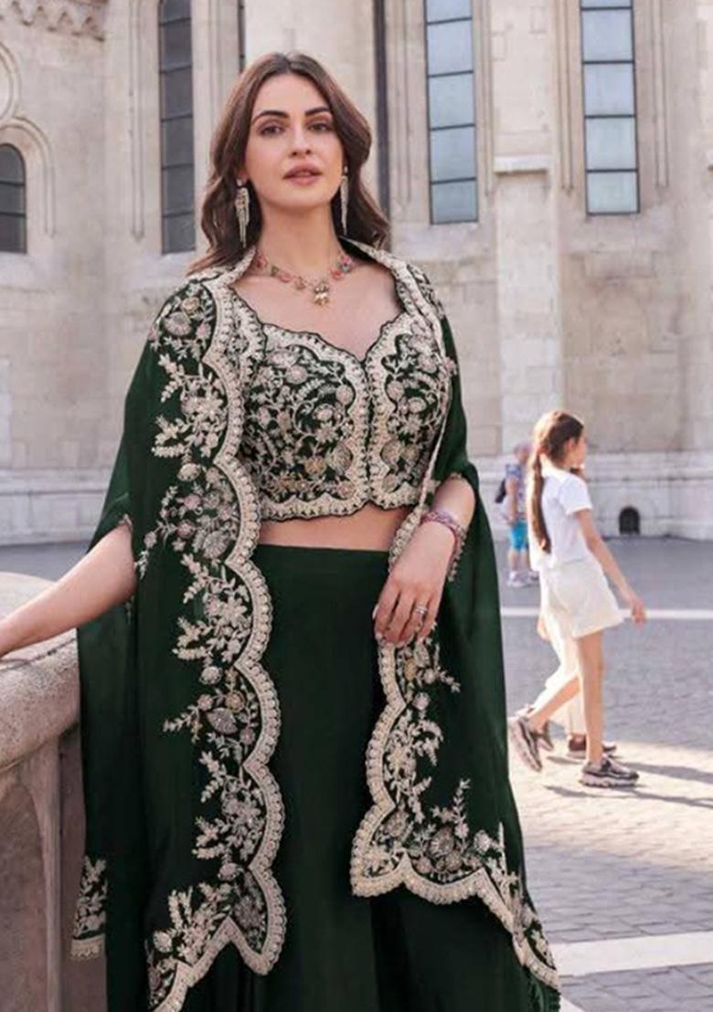 Green Embroidered Silk Kurta Set With Shrug - Indya