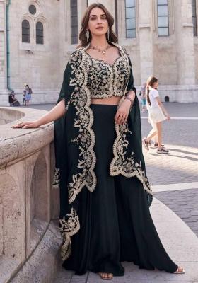 Black Embroidered Silk Kurta Set With Shrug