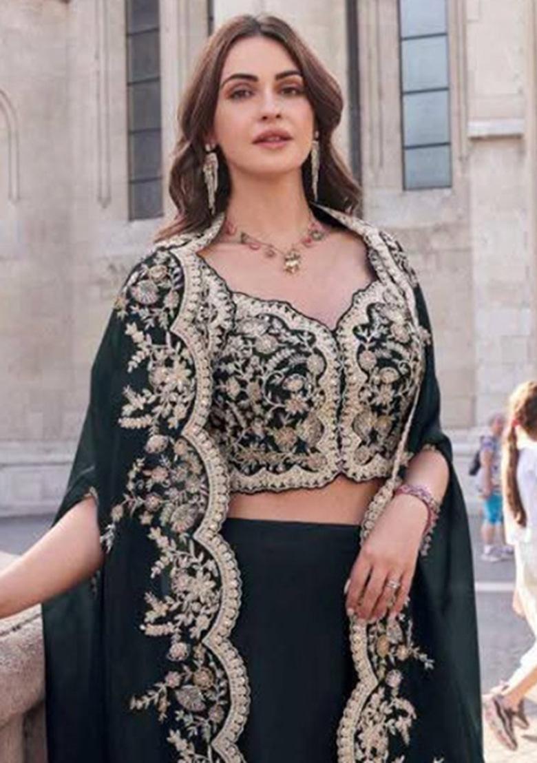 Black Embroidered Silk Kurta Set With Shrug - Indya