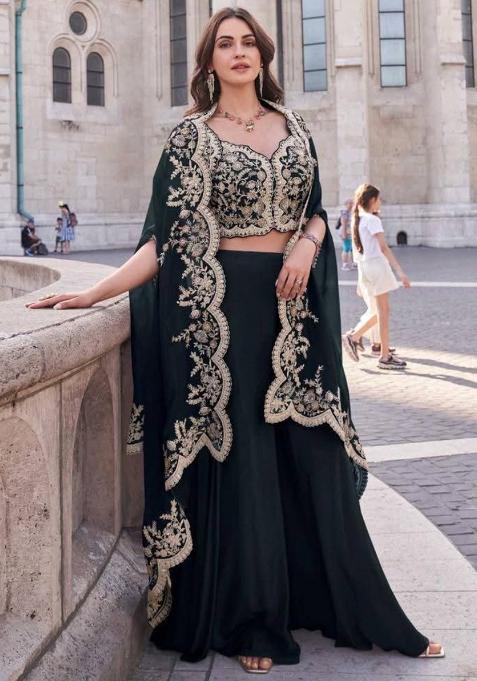 Black Embroidered Silk Kurta Set With Shrug