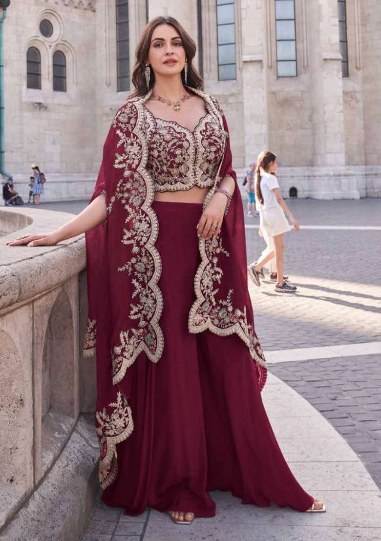 Blood Red Embroidered Silk Blend Sharara Set - Indya