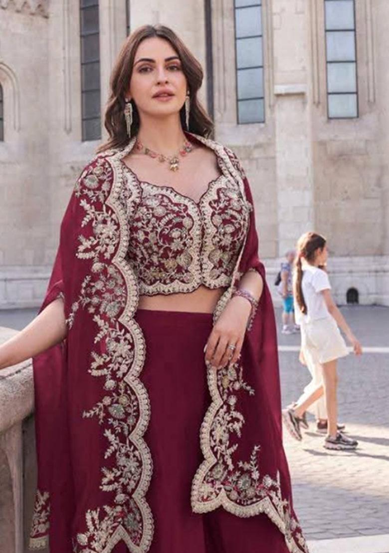 Blood Red Embroidered Silk Kurta Set With Shrug - Indya