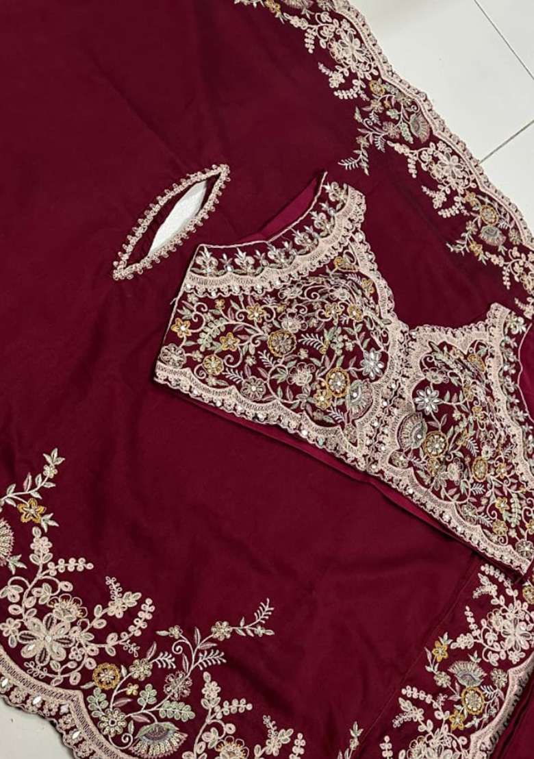 Blood Red Embroidered Silk Blend Sharara Set - Indya