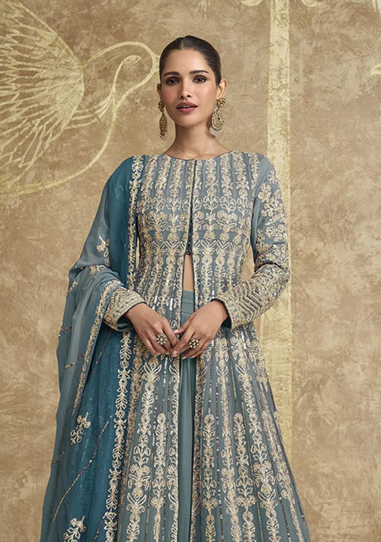 Blue Embroidered Georgette Kurta Set - Indya