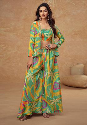 Parrot Green Digital Print Silk Kurta Set With Koti
