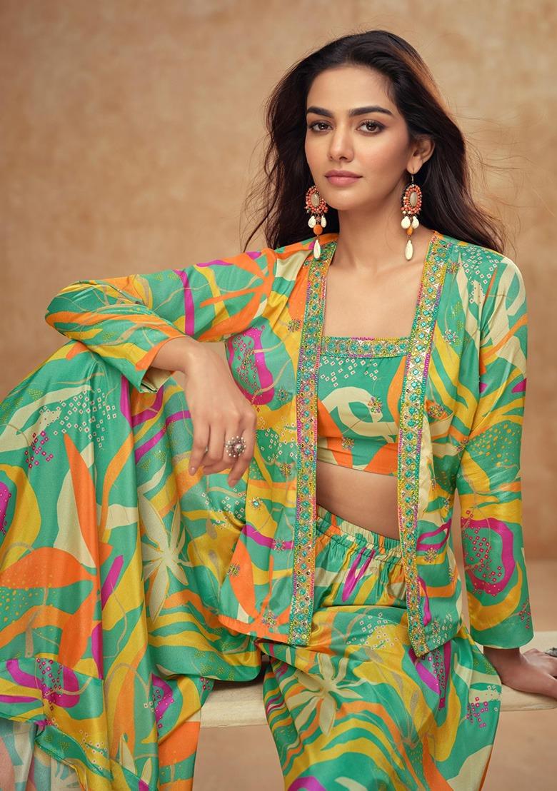 Parrot Green Digital Print Silk Kurta Set With Koti - Indya