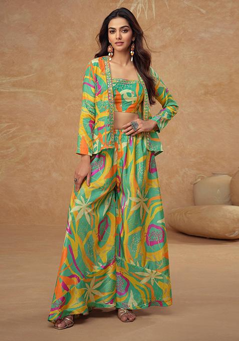 Parrot Green Digital Print Silk Kurta Set With Koti