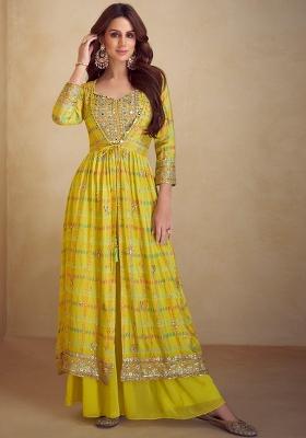 Yellow Digital Print Silk Kurta Set With Shrug