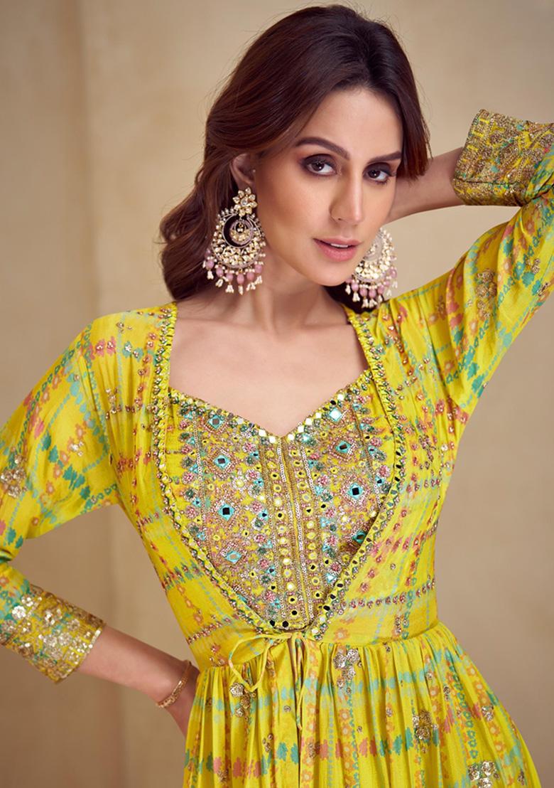 Yellow Digital Print Silk Kurta Set With Shrug - Indya
