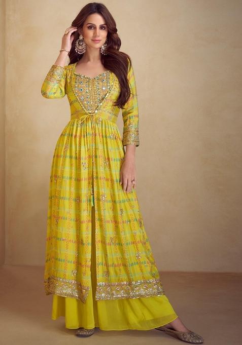 Yellow Digital Print Silk Kurta Set With Shrug