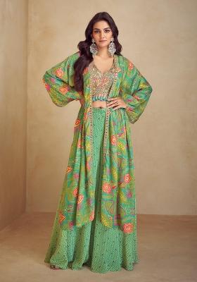 Green Digital Print Silk Kurta Set With Shrug