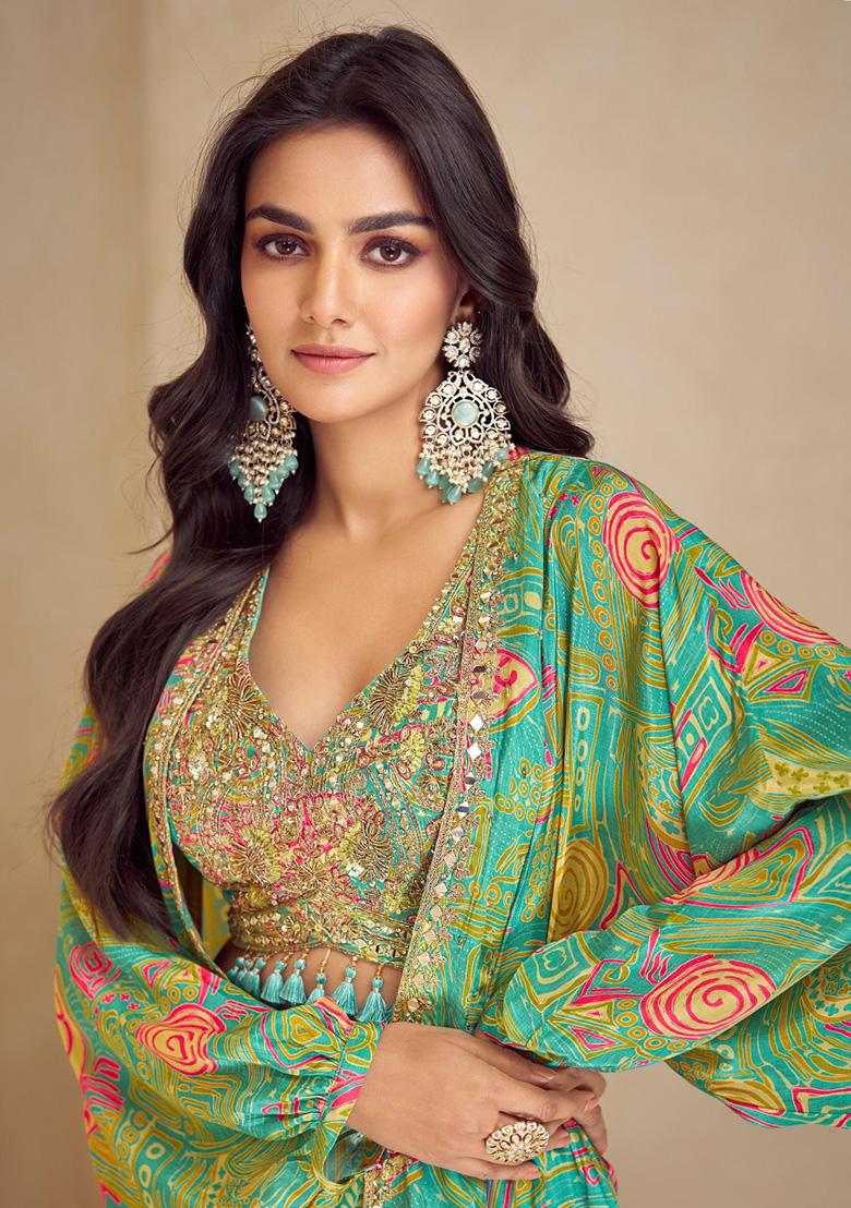 Green Digital Print Silk Kurta Set With Shrug - Indya