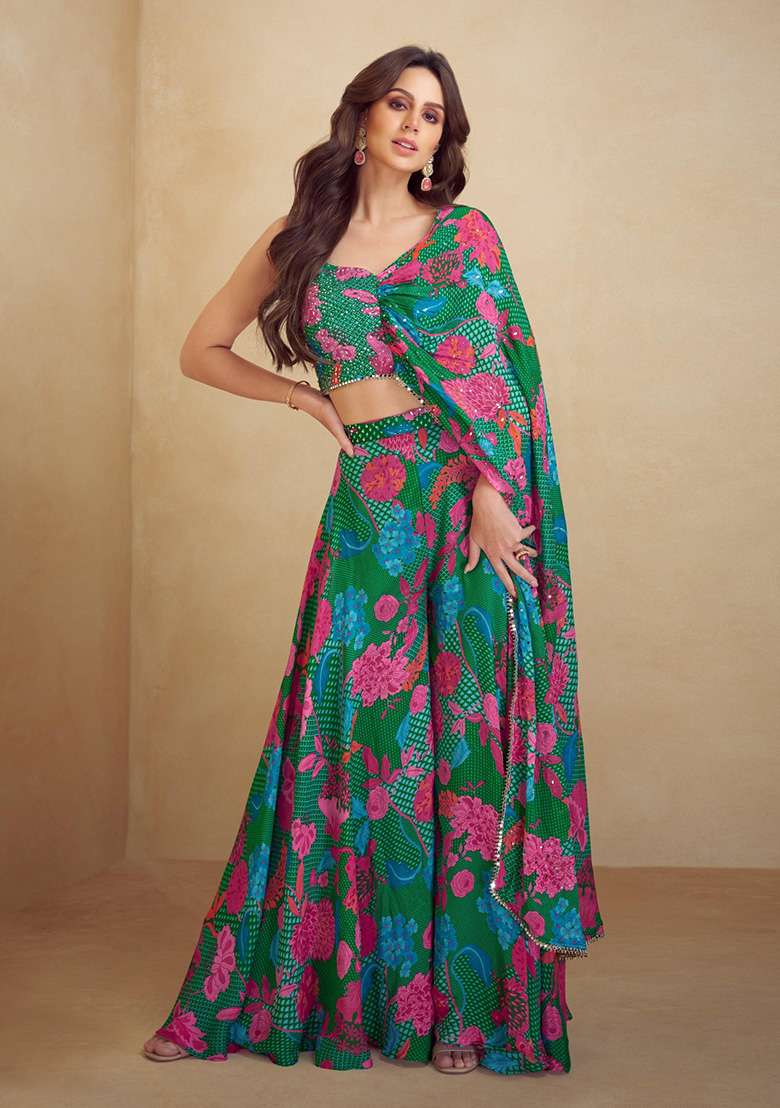 Dark Green Floral Print Silk Blend Sharara Set - Indya