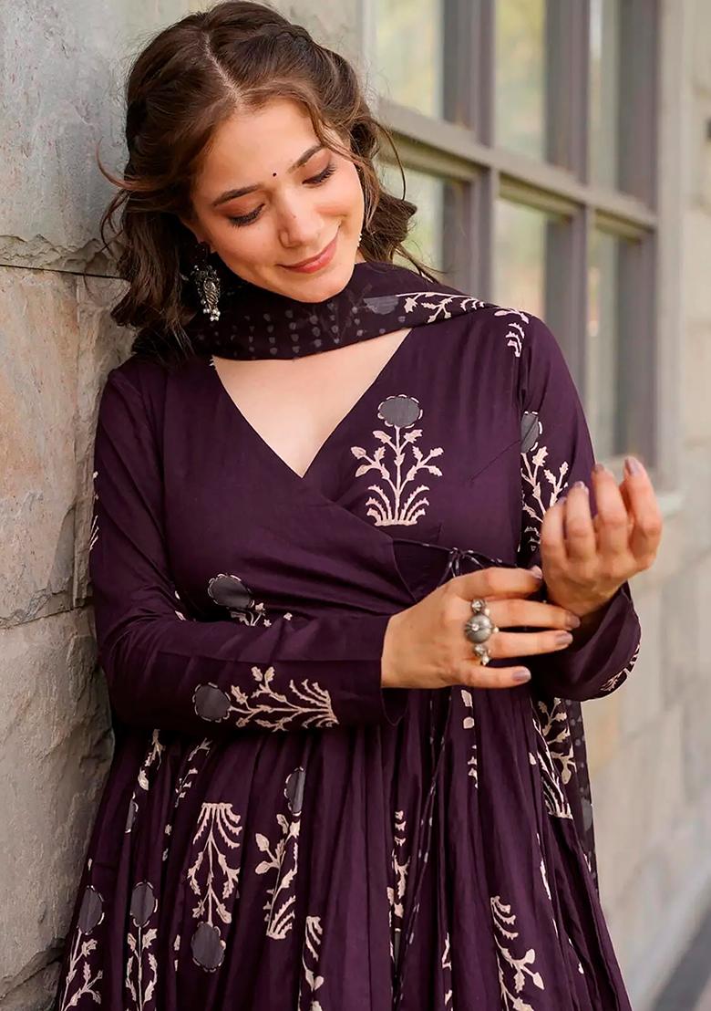 Purple Digital Printed Maslin Anarkali Dress
