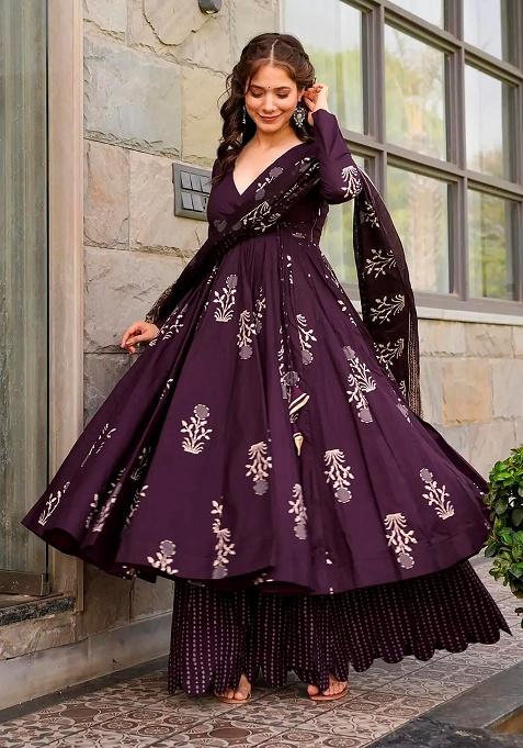 Purple Digital Printed Maslin Anarkali Dress