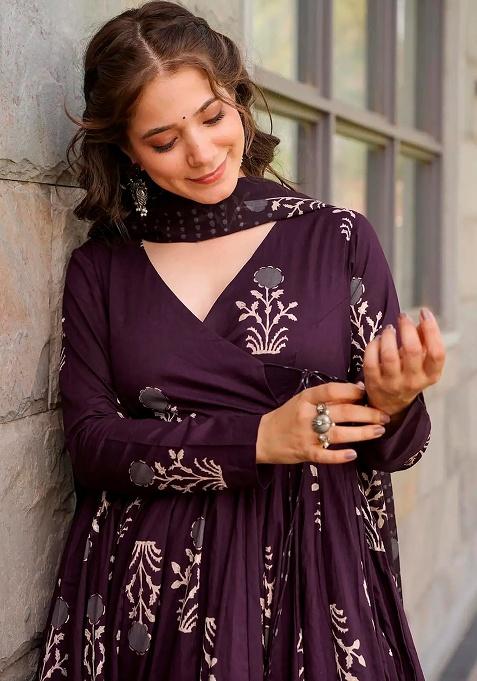 Purple Digital Printed Maslin Anarkali Dress