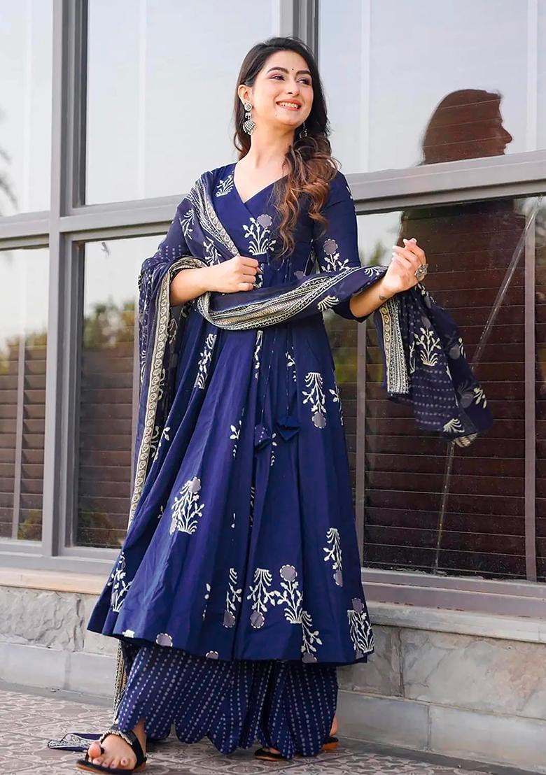 Blue Digital Printed Maslin Anarkali Dress