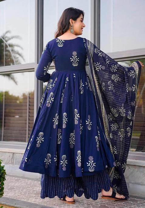 Blue Digital Printed Maslin Anarkali Dress