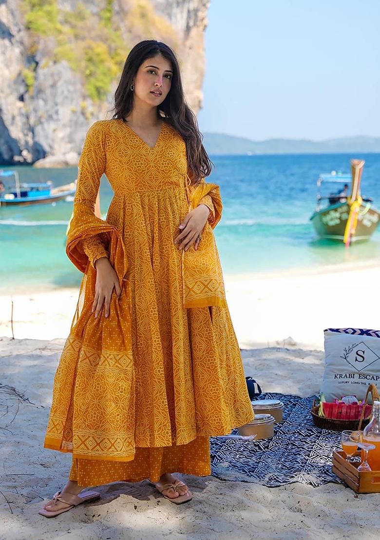 Yellow Digital Printed Maslin Anarkali Dress